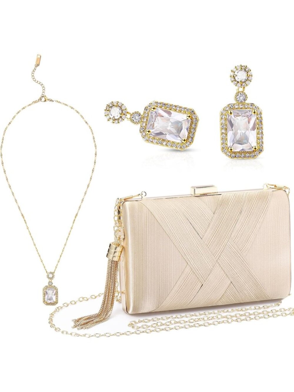 Women's Champagne 3 Piece Clutch Purse Set Evening Handbag Jewelry Gifts
